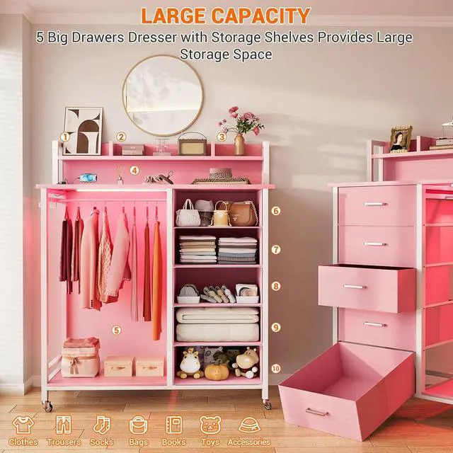 Alt view image 6 of 7 - Clothes Rack with 5 Drawers and Shelf, Garment Rack with Charging Station & LED Lights, Fabric Chest Shelves Clothing Hanging Rack, Wooden Portable Wardrobe Closet