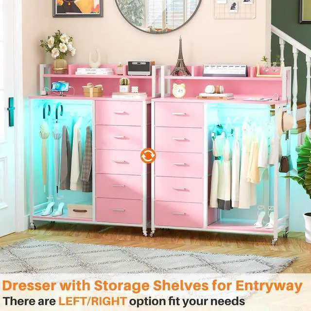 Alt view image 7 of 7 - Clothes Rack with 5 Drawers and Shelf, Garment Rack with Charging Station & LED Lights, Fabric Chest Shelves Clothing Hanging Rack, Wooden Portable Wardrobe Closet