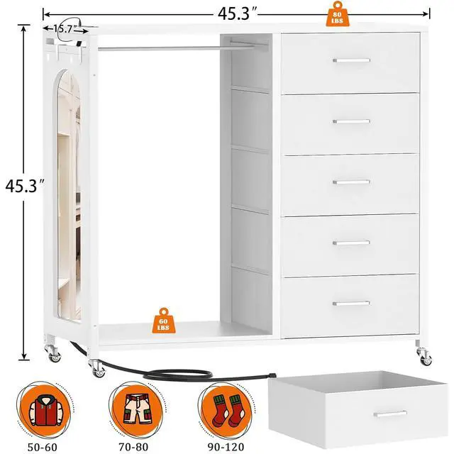 Alt view image 2 of 7 - Clothes Rack with 5 Drawers and Mirror, Garment Rack with Charging Station & LED Lights, Fabric Chest Shelves Clothing Hanging Rack, Wooden Portable Wardrobe Closet