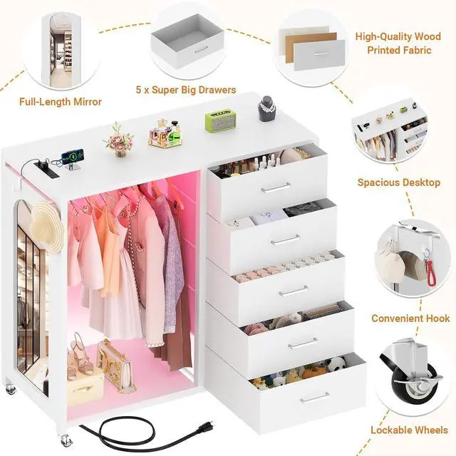 Alt view image 3 of 7 - Clothes Rack with 5 Drawers and Mirror, Garment Rack with Charging Station & LED Lights, Fabric Chest Shelves Clothing Hanging Rack, Wooden Portable Wardrobe Closet