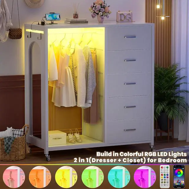 Alt view image 4 of 7 - Clothes Rack with 5 Drawers and Mirror, Garment Rack with Charging Station & LED Lights, Fabric Chest Shelves Clothing Hanging Rack, Wooden Portable Wardrobe Closet