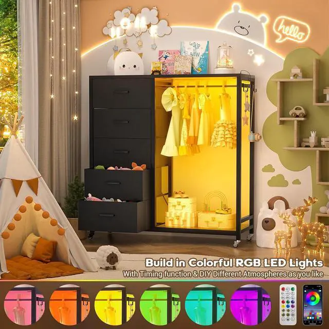 Alt view image 6 of 7 - Storage Clothes Rack with 5 Drawers, Garment Rack with Charging Station & LED Lights, Fabric Chest Shelves Clothing Rack, Wooden Portable Wardrobe Closet
