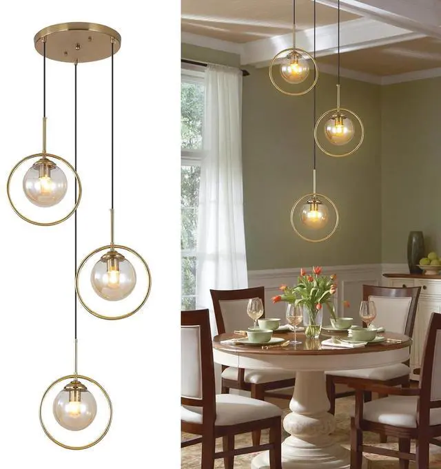 Main image of 3 Light Pendant Lighting Modern Amber Glass Pendant Light Adjustable Hanging Pendant Lights Ceiling Lighting Fixture for Kitchen Dining Room Living Room Foyer Hallway