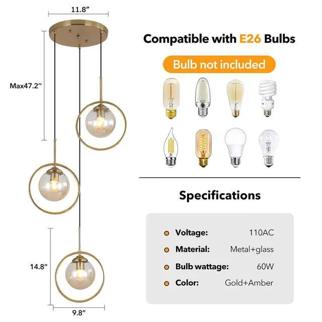 Alt view image 3 of 7 - 3 Light Pendant Lighting Modern Amber Glass Pendant Light Adjustable Hanging Pendant Lights Ceiling Lighting Fixture for Kitchen Dining Room Living Room Foyer Hallway