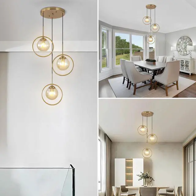 Alt view image 5 of 7 - 3 Light Pendant Lighting Modern Amber Glass Pendant Light Adjustable Hanging Pendant Lights Ceiling Lighting Fixture for Kitchen Dining Room Living Room Foyer Hallway