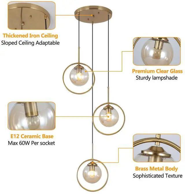 Alt view image 6 of 7 - 3 Light Pendant Lighting Modern Amber Glass Pendant Light Adjustable Hanging Pendant Lights Ceiling Lighting Fixture for Kitchen Dining Room Living Room Foyer Hallway