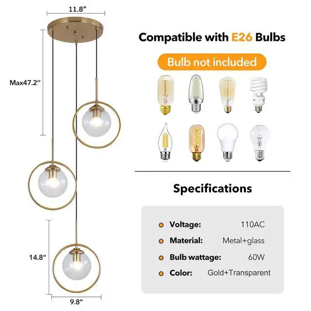 Alt view image 3 of 7 - 3 Light Pendant Lighting Modern Glass Pendant Lighting Fixture Adjustable Hanging Pendant Light Ceiling Lighting Fixture for Kitchen Dining Room Living Room Foyer Hallway