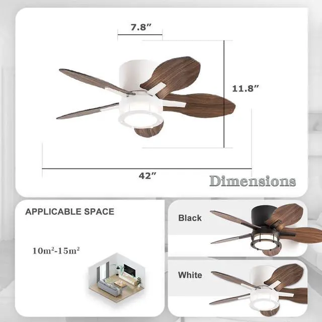 Alt view image 7 of 7 - 42 inch Ceiling Fans with Lights Flush Mount Ceiling Fan with Light and Remote 3 Color LED 6 Speed Reversible DC Motor 5 Blades Ceiling Fans for Bedroom Farmhouse