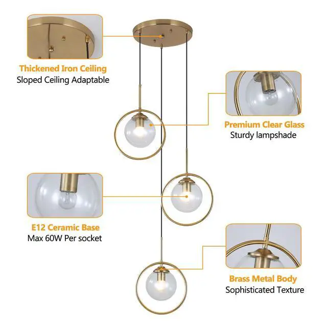 Alt view image 6 of 7 - 3 Light Pendant Lighting Modern Glass Pendant Lighting Fixture Adjustable Hanging Pendant Light Ceiling Lighting Fixture for Kitchen Dining Room Living Room Foyer Hallway