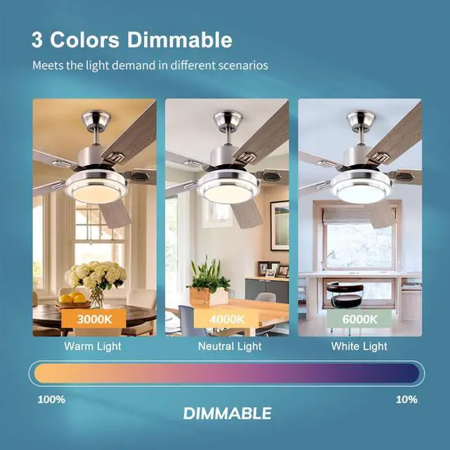 Alt view image 2 of 7 - Ceiling Fan with Lights and Remote 42 Inch Modern Ceiling Fans with Light, Reversible, 3CCT, Dimmable, Quiet Ceiling Fan for Bedroom Farmhouse Patio Indoor/Outdoor Use