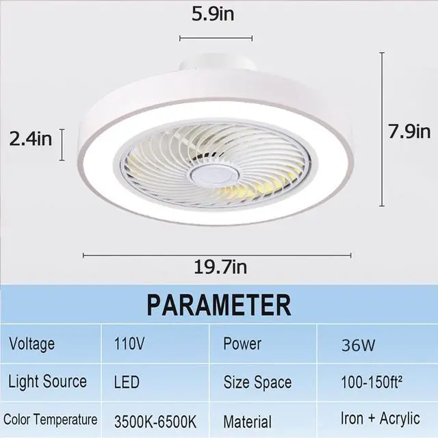 Alt view image 2 of 7 - 20" Modern Flush Mount Ceiling Fan with Lights, Dimmable Low Profile Ceiling Fans with Remote Control 3 Colors 3 Speeds Ceiling Fan for Bedroom Living Room Kitchen White