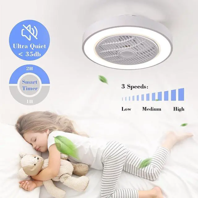 Alt view image 3 of 7 - 20" Modern Flush Mount Ceiling Fan with Lights, Dimmable Low Profile Ceiling Fans with Remote Control 3 Colors 3 Speeds Ceiling Fan for Bedroom Living Room Kitchen White