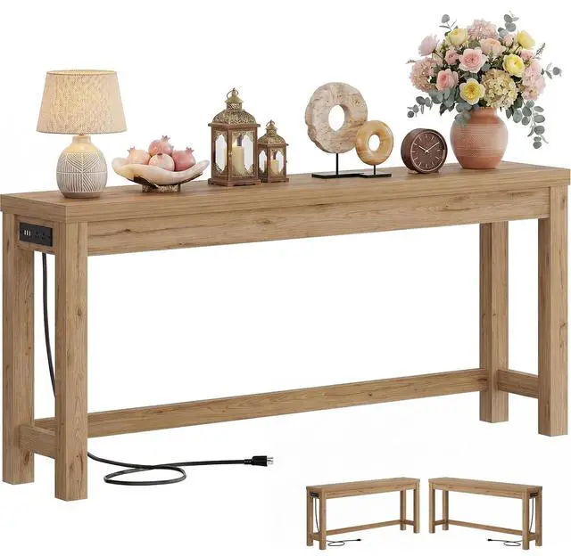 Main image of 63" Console Table with Charging Station, 13.8" Deep Farmhouse Sofa Table Behind Couch with 2 AC Outlets & 3 USB Ports, Long Entryway TV Console or Home Office Desk, Natural Oak