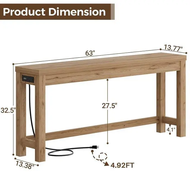 Alt view image 3 of 7 - 63" Console Table with Charging Station, 13.8" Deep Farmhouse Sofa Table Behind Couch with 2 AC Outlets & 3 USB Ports, Long Entryway TV Console or Home Office Desk, Natural Oak
