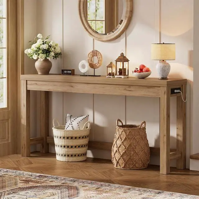 Alt view image 2 of 7 - 63" Console Table with Charging Station, 13.8" Deep Farmhouse Sofa Table Behind Couch with 2 AC Outlets & 3 USB Ports, Long Entryway TV Console or Home Office Desk, Natural Oak