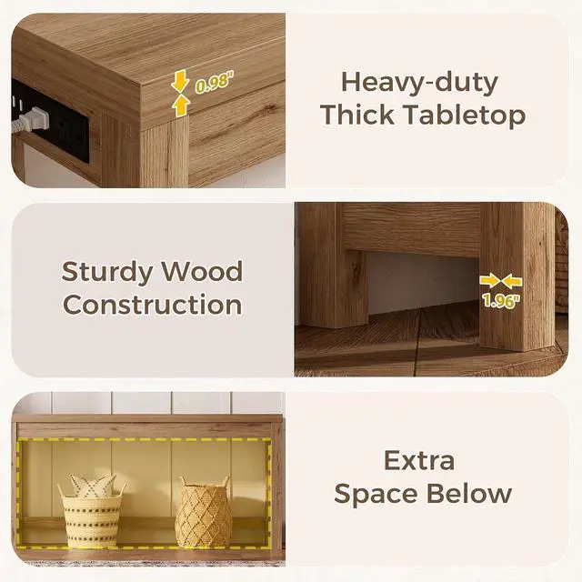Alt view image 4 of 7 - 63" Console Table with Charging Station, 13.8" Deep Farmhouse Sofa Table Behind Couch with 2 AC Outlets & 3 USB Ports, Long Entryway TV Console or Home Office Desk, Natural Oak