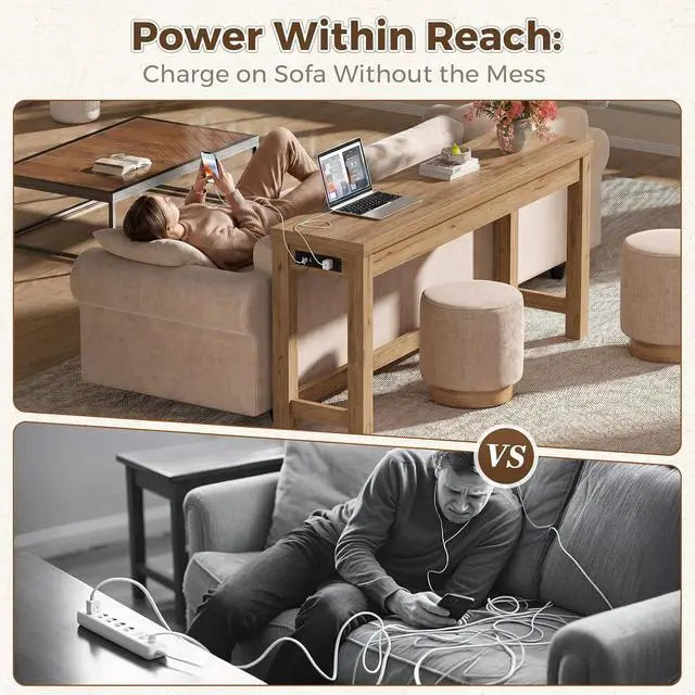 Alt view image 6 of 7 - 63" Console Table with Charging Station, 13.8" Deep Farmhouse Sofa Table Behind Couch with 2 AC Outlets & 3 USB Ports, Long Entryway TV Console or Home Office Desk, Natural Oak