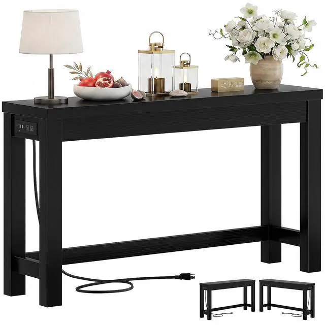Main image of 47" Console Table with Charging Station, 13.8" Deep Farmhouse Sofa Table Behind Couch with 2 AC Outlets & 3 USB Ports, Entryway TV Console or Compact Home Office Desk, Black