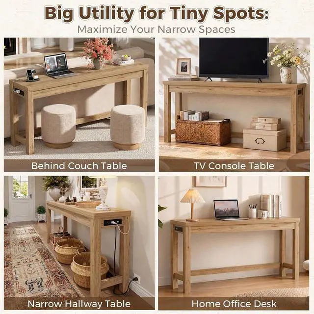 Alt view image 7 of 7 - 63" Console Table with Charging Station, 13.8" Deep Farmhouse Sofa Table Behind Couch with 2 AC Outlets & 3 USB Ports, Long Entryway TV Console or Home Office Desk, Natural Oak