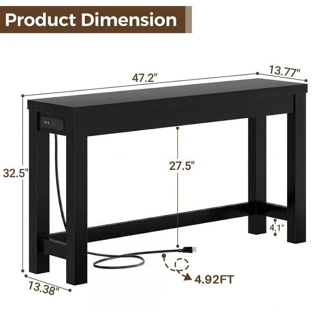 Alt view image 3 of 7 - 47" Console Table with Charging Station, 13.8" Deep Farmhouse Sofa Table Behind Couch with 2 AC Outlets & 3 USB Ports, Entryway TV Console or Compact Home Office Desk, Black