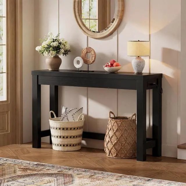 Alt view image 2 of 7 - 47" Console Table with Charging Station, 13.8" Deep Farmhouse Sofa Table Behind Couch with 2 AC Outlets & 3 USB Ports, Entryway TV Console or Compact Home Office Desk, Black