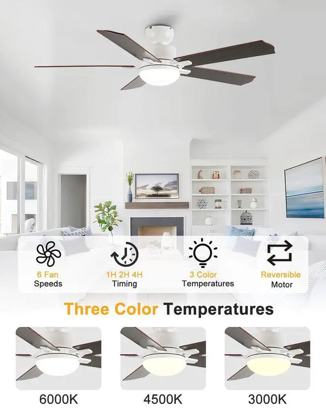 Alt view image 3 of 7 - 52 inch Ceiling Fan with Lights and Remote 6 Speed, 3 CCT, Reversible Flush Mount Ceiling Fans Farmhouse Ceiling Fan with Light for Bedroom Living Room Kids Room