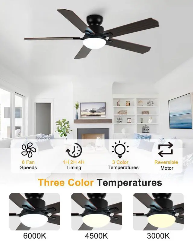 Alt view image 3 of 7 - 52 inch Ceiling Fan with Lights and Remote 6 Speed, 3 CCT, Reversible Flush Mount Ceiling Fans Farmhouse Ceiling Fan with Light for Bedroom Living Room Kids Room