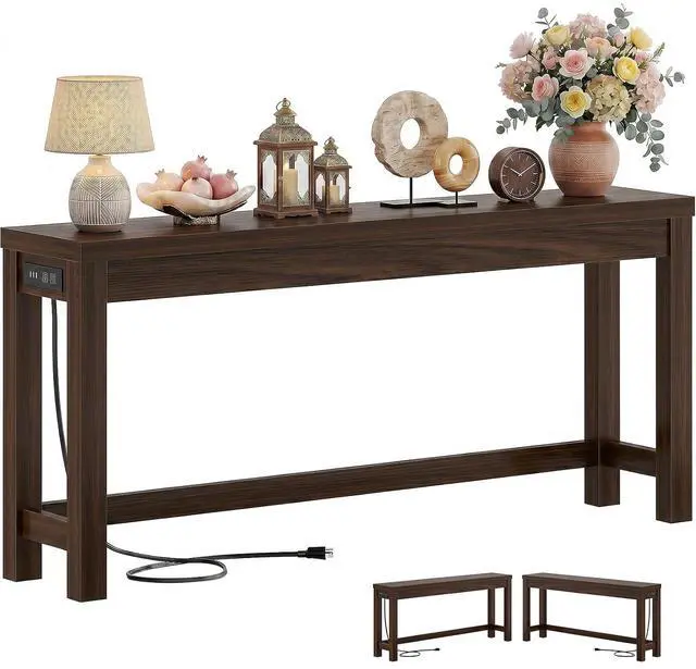 Main image of 63" Console Table with Charging Station, 13.8" Deep Farmhouse Sofa Table Behind Couch with 2 AC Outlets & 3 USB Ports, Long Entryway TV Console or Home Office Desk, Black Walnut