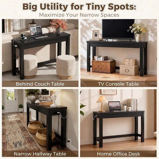 Alt view image 7 of 7 - 47" Console Table with Charging Station, 13.8" Deep Farmhouse Sofa Table Behind Couch with 2 AC Outlets & 3 USB Ports, Entryway TV Console or Compact Home Office Desk, Black
