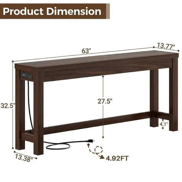 Alt view image 3 of 7 - 63" Console Table with Charging Station, 13.8" Deep Farmhouse Sofa Table Behind Couch with 2 AC Outlets & 3 USB Ports, Long Entryway TV Console or Home Office Desk, Black Walnut