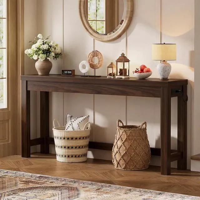 Alt view image 2 of 7 - 63" Console Table with Charging Station, 13.8" Deep Farmhouse Sofa Table Behind Couch with 2 AC Outlets & 3 USB Ports, Long Entryway TV Console or Home Office Desk, Black Walnut