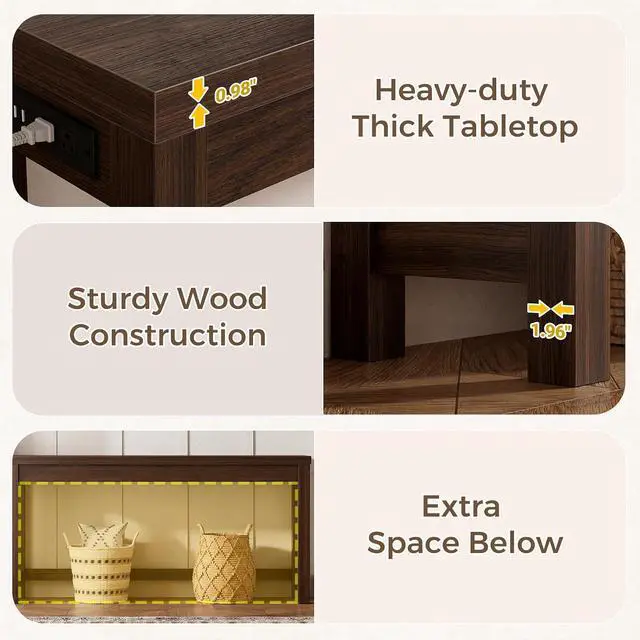 Alt view image 4 of 7 - 63" Console Table with Charging Station, 13.8" Deep Farmhouse Sofa Table Behind Couch with 2 AC Outlets & 3 USB Ports, Long Entryway TV Console or Home Office Desk, Black Walnut