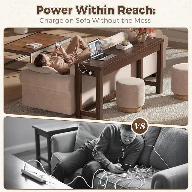 Alt view image 6 of 7 - 63" Console Table with Charging Station, 13.8" Deep Farmhouse Sofa Table Behind Couch with 2 AC Outlets & 3 USB Ports, Long Entryway TV Console or Home Office Desk, Black Walnut