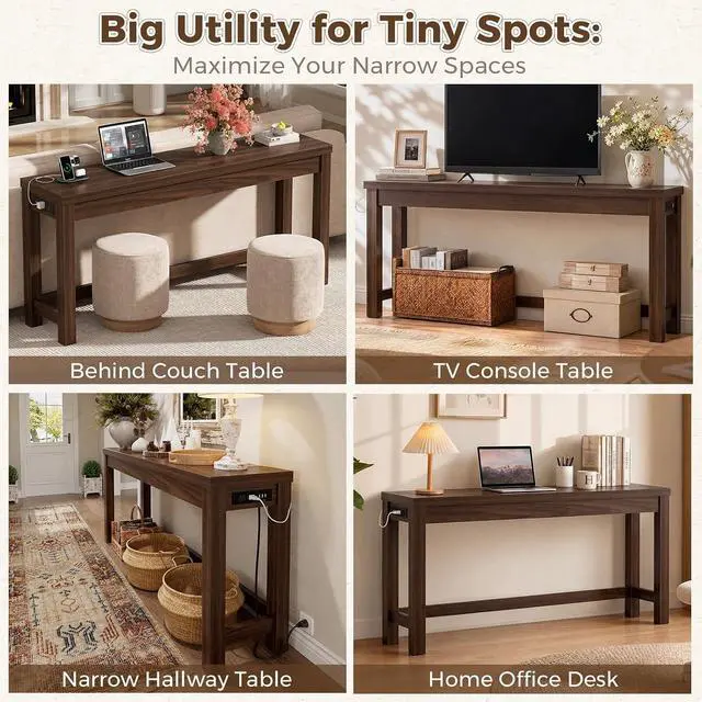 Alt view image 7 of 7 - 63" Console Table with Charging Station, 13.8" Deep Farmhouse Sofa Table Behind Couch with 2 AC Outlets & 3 USB Ports, Long Entryway TV Console or Home Office Desk, Black Walnut