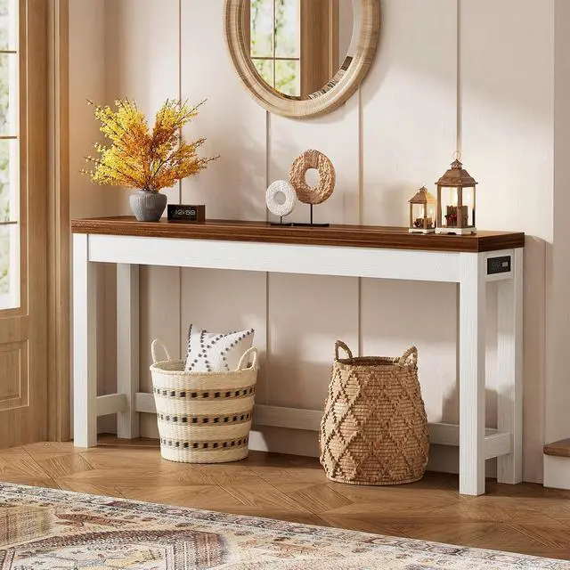 Alt view image 2 of 7 - 63" Console Table with Charging Station, 13.8" Deep Farmhouse Sofa Table Behind Couch with 2 AC Outlets & 3 USB Ports, Long Entryway TV Console or Home Office Desk, Rustic Oak