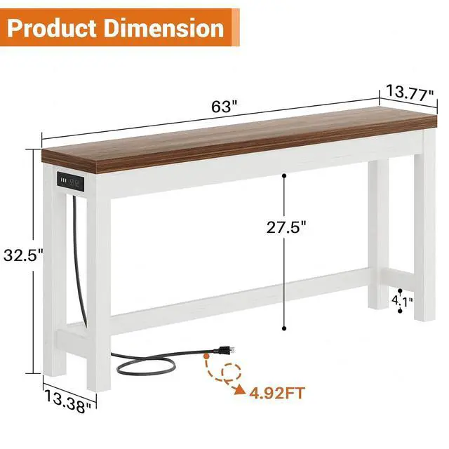 Alt view image 3 of 7 - 63" Console Table with Charging Station, 13.8" Deep Farmhouse Sofa Table Behind Couch with 2 AC Outlets & 3 USB Ports, Long Entryway TV Console or Home Office Desk, Rustic Oak