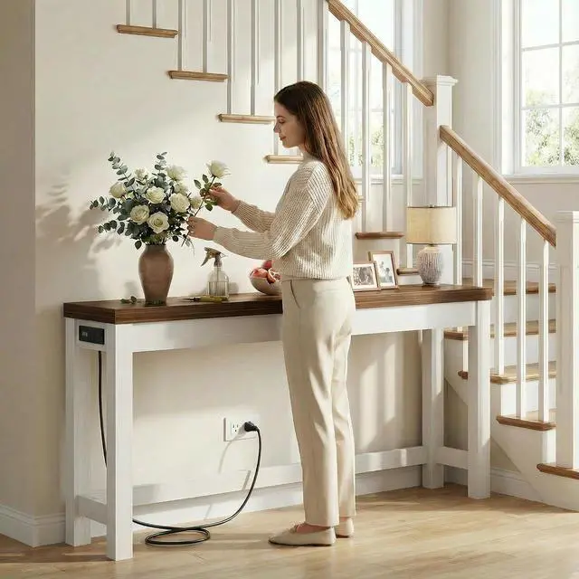 Alt view image 4 of 7 - 63" Console Table with Charging Station, 13.8" Deep Farmhouse Sofa Table Behind Couch with 2 AC Outlets & 3 USB Ports, Long Entryway TV Console or Home Office Desk, Rustic Oak