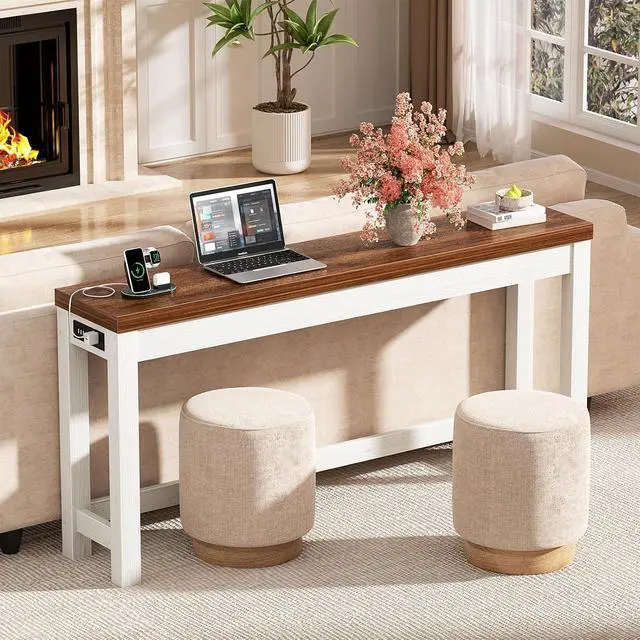 Alt view image 5 of 7 - 63" Console Table with Charging Station, 13.8" Deep Farmhouse Sofa Table Behind Couch with 2 AC Outlets & 3 USB Ports, Long Entryway TV Console or Home Office Desk, Rustic Oak