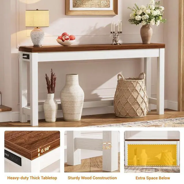 Alt view image 7 of 7 - 63" Console Table with Charging Station, 13.8" Deep Farmhouse Sofa Table Behind Couch with 2 AC Outlets & 3 USB Ports, Long Entryway TV Console or Home Office Desk, Rustic Oak