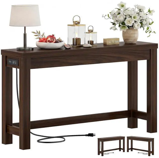 Main image of 47" Console Table with Charging Station, 13.8" Deep Farmhouse Sofa Table Behind Couch with 2 AC Outlets & 3 USB Ports, Entryway TV Console or Compact Home Office Desk, Black Walnut