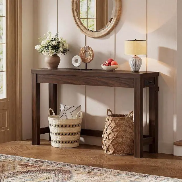 Alt view image 2 of 7 - 47" Console Table with Charging Station, 13.8" Deep Farmhouse Sofa Table Behind Couch with 2 AC Outlets & 3 USB Ports, Entryway TV Console or Compact Home Office Desk, Black Walnut