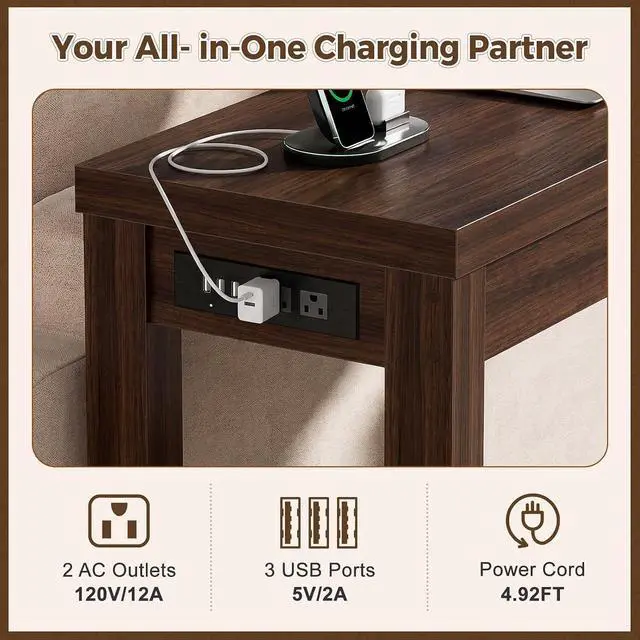 Alt view image 5 of 7 - 47" Console Table with Charging Station, 13.8" Deep Farmhouse Sofa Table Behind Couch with 2 AC Outlets & 3 USB Ports, Entryway TV Console or Compact Home Office Desk, Black Walnut