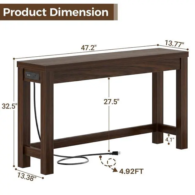 Alt view image 3 of 7 - 47" Console Table with Charging Station, 13.8" Deep Farmhouse Sofa Table Behind Couch with 2 AC Outlets & 3 USB Ports, Entryway TV Console or Compact Home Office Desk, Black Walnut