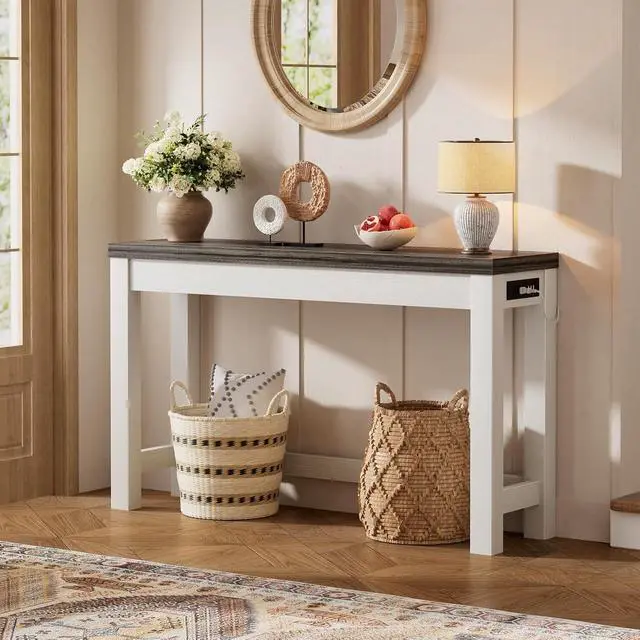 Alt view image 2 of 7 - 47" Console Table with Charging Station, 13.8" Deep Farmhouse Sofa Table Behind Couch with 2 AC Outlets & 3 USB Ports, Entryway TV Console or Compact Home Office Desk, Oak Grey