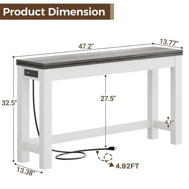 Alt view image 3 of 7 - 47" Console Table with Charging Station, 13.8" Deep Farmhouse Sofa Table Behind Couch with 2 AC Outlets & 3 USB Ports, Entryway TV Console or Compact Home Office Desk, Oak Grey