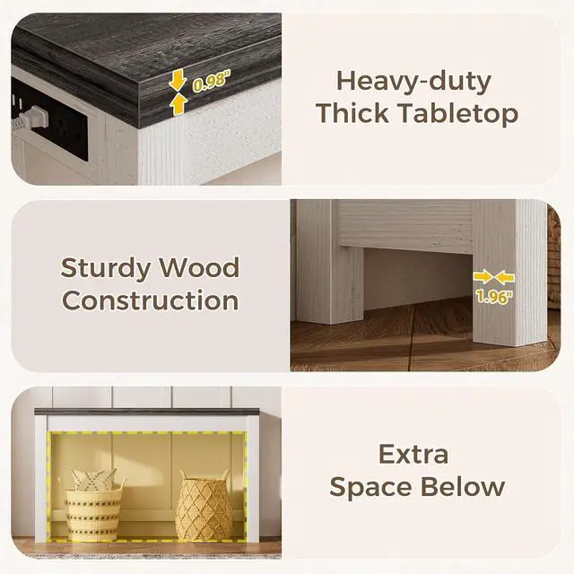 Alt view image 4 of 7 - 47" Console Table with Charging Station, 13.8" Deep Farmhouse Sofa Table Behind Couch with 2 AC Outlets & 3 USB Ports, Entryway TV Console or Compact Home Office Desk, Oak Grey