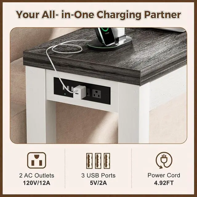 Alt view image 5 of 7 - 47" Console Table with Charging Station, 13.8" Deep Farmhouse Sofa Table Behind Couch with 2 AC Outlets & 3 USB Ports, Entryway TV Console or Compact Home Office Desk, Oak Grey