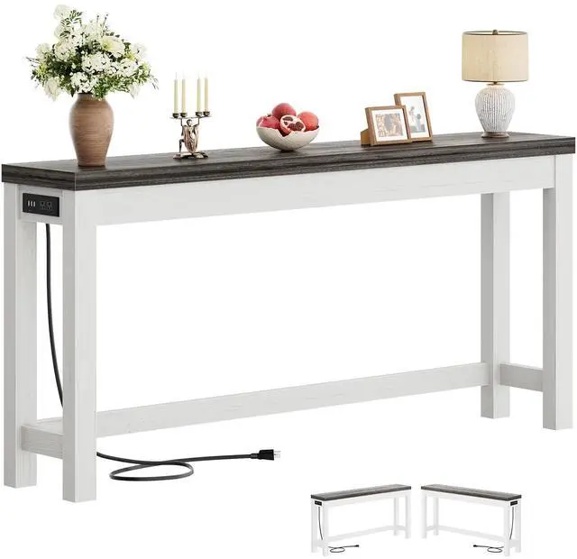Main image of 63" Console Table with Charging Station, 13.8" Deep Farmhouse Sofa Table Behind Couch with 2 AC Outlets & 3 USB Ports, Long Entryway TV Console or Home Office Desk, Oak Grey