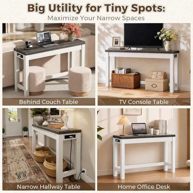 Alt view image 7 of 7 - 47" Console Table with Charging Station, 13.8" Deep Farmhouse Sofa Table Behind Couch with 2 AC Outlets & 3 USB Ports, Entryway TV Console or Compact Home Office Desk, Oak Grey