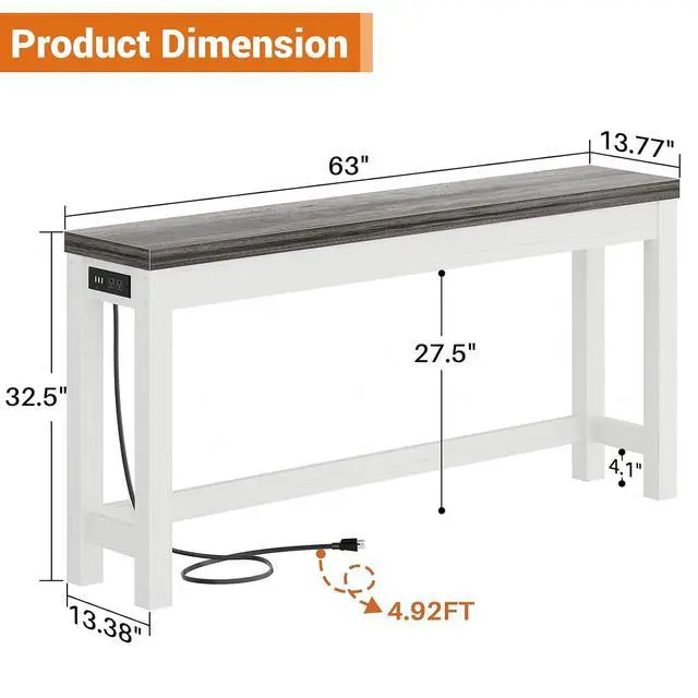Alt view image 3 of 7 - 63" Console Table with Charging Station, 13.8" Deep Farmhouse Sofa Table Behind Couch with 2 AC Outlets & 3 USB Ports, Long Entryway TV Console or Home Office Desk, Oak Grey